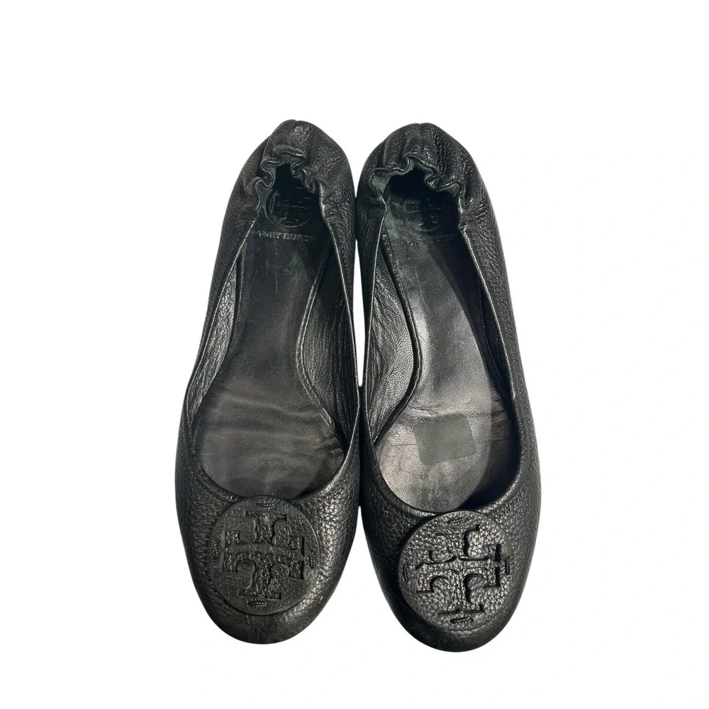 Tory Burch Minnie Travel Ballet Flats Black Pebbled Leather Logo Size 10M chic